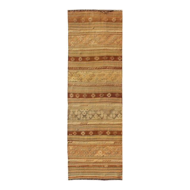 Vintage Turkish Kilim Runner Warm Earth Tones Gold Brown Wool Flatweave For Sale