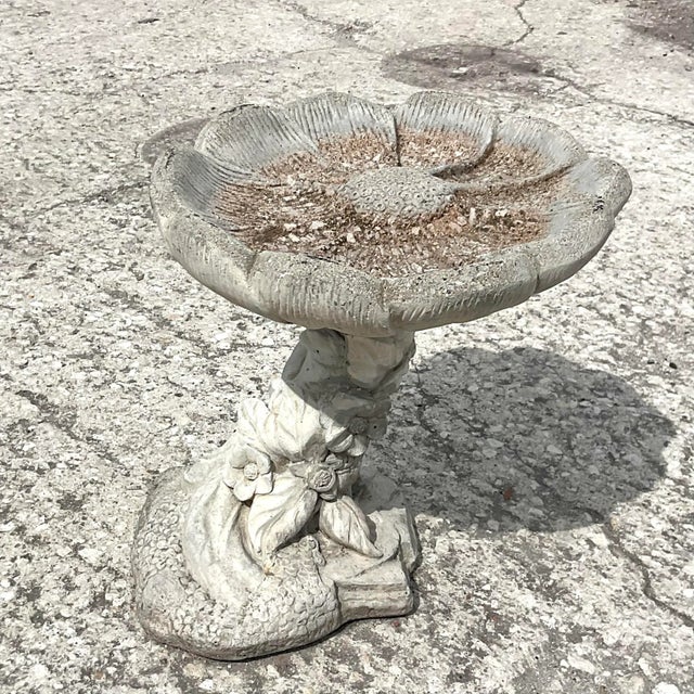 Coastal Vintage Boho Cast Concrete Flower Bird Bath For Sale - Image 3 of 10