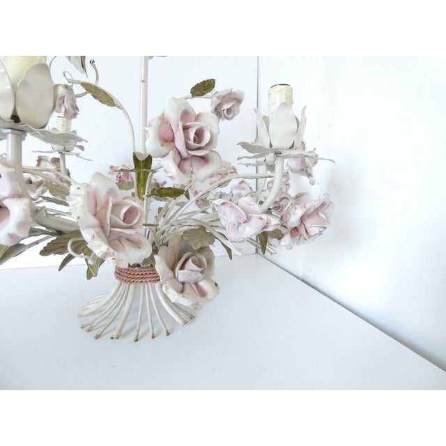 Vintage French Tole Chandelier with Porcelain Roses For Sale - Image 4 of 10