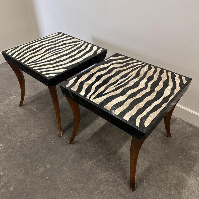 Italian Zebra Inlaid Tessellated Stone Tables with Refined Curv, Set of 2 For Sale - Image 12 of 16