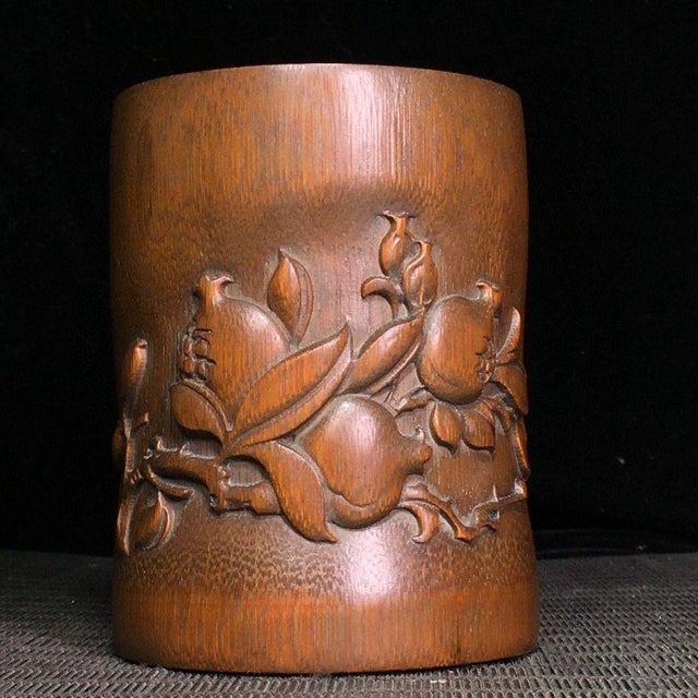 Hand-Carved Bamboo Brush Pot With Pomegranate Motif For Sale In Los Angeles - Image 6 of 9