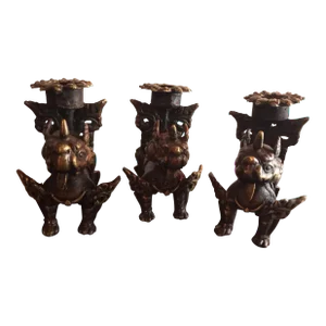 1950s Bronze Nepal Folk Art Yali Dragon Candle Holders - Set of 3