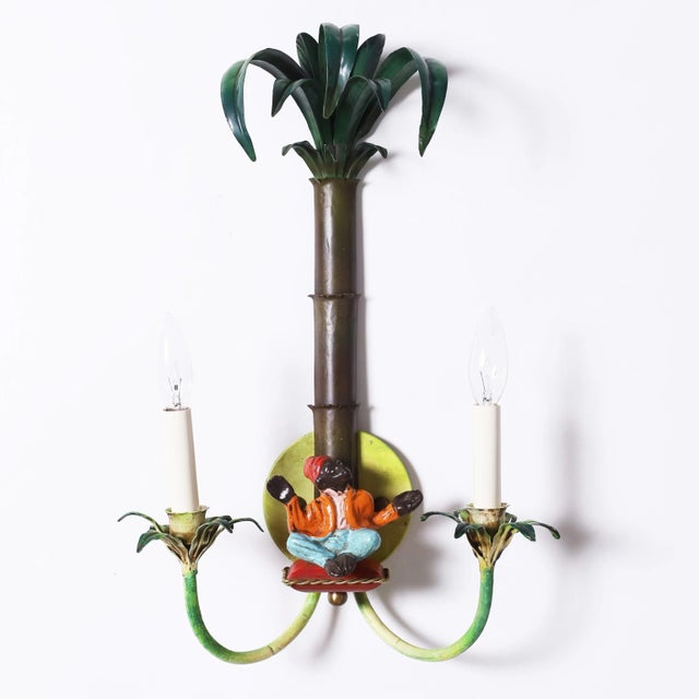 Mid-Century Modern Pair of Italian Tole Wall Sconces With Monkeys For Sale - Image 3 of 7