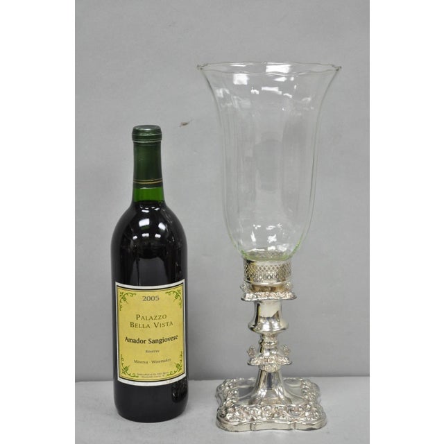 Antique Victorian Silver Plated Base Glass Hurricane Lamp Shade Candlesticks - a Pair. Circa Early 20th Century....