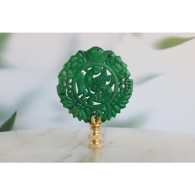 Wreathed Bird Chinese Carved Stone Lamp Finials on Brass Hardware - A Matching Pair For Sale - Image 4 of 7