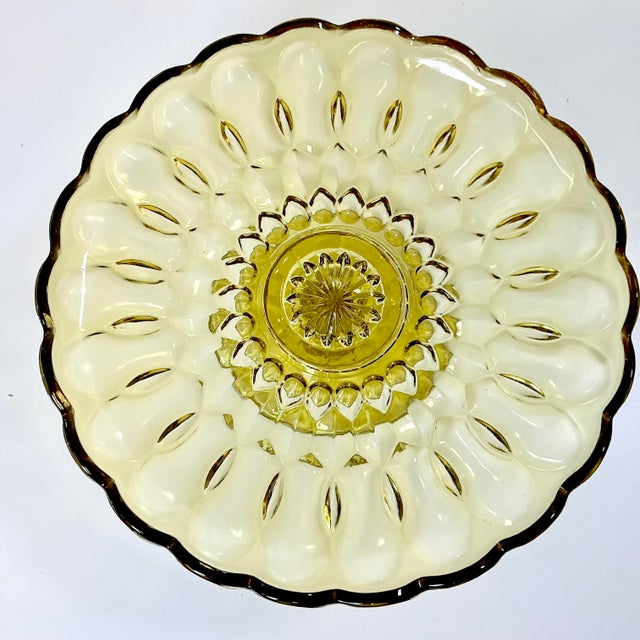 1940s Art Deco Boho Chic Hollywood Regency Indiana Glass Depression Yellow Cake Stand For Sale - Image 10 of 11