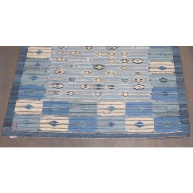 Mid 20th Century Vintage Zabihi Collection Abstract Blue Swedish Kilim - 4'10" x 6' For Sale - Image 5 of 12