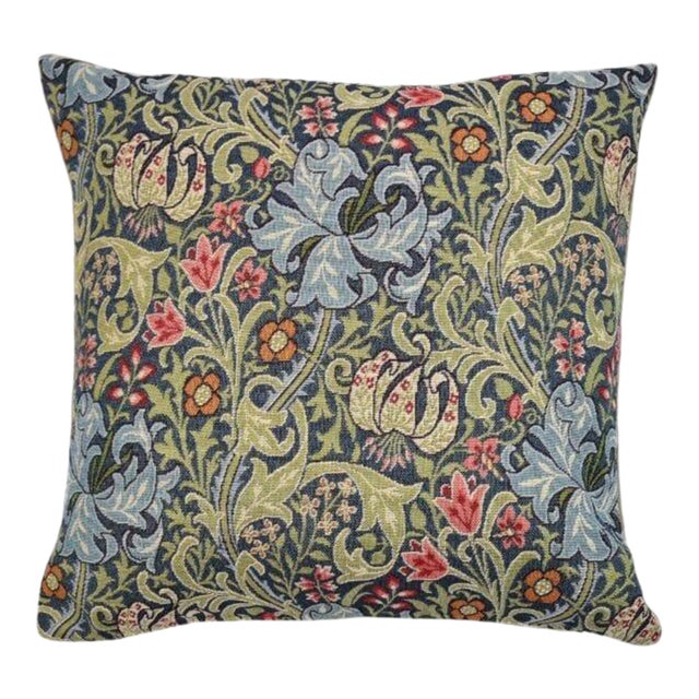 Morris Blue Lily Tapestry Cushion With Feather Filler - 46x46cm (18"x18") For Sale