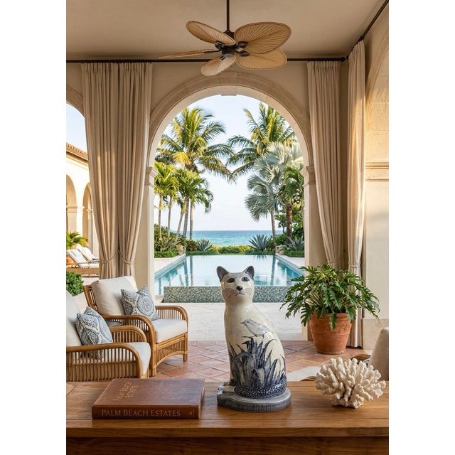 Ceramic Vintage African Hand-Painted Blue and White Ceramic Cat Figurine For Sale - Image 7 of 9