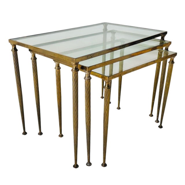 Neoclassical Brass Nesting Tables, Hollywood Regency, 1960’s. Original Large table measures 16” tall 21.5” wide 13.25”...