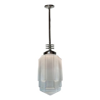 1930s Art Deco Chrome Streamline Pendant Light W/ Skyscraper Milk Glass Shade For Sale