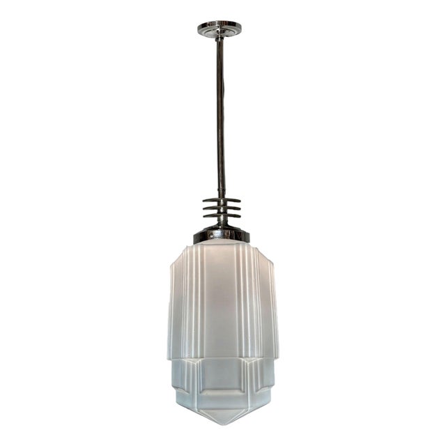 1930s Art Deco Chrome Streamline Pendant Light W/ Skyscraper Milk Glass Shade For Sale