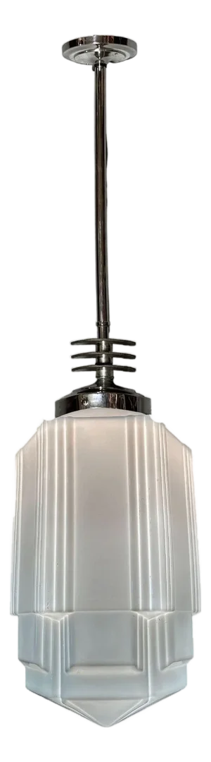1930s Art Deco Chrome Streamline Pendant Light W/ Skyscraper Milk Glass Shade
