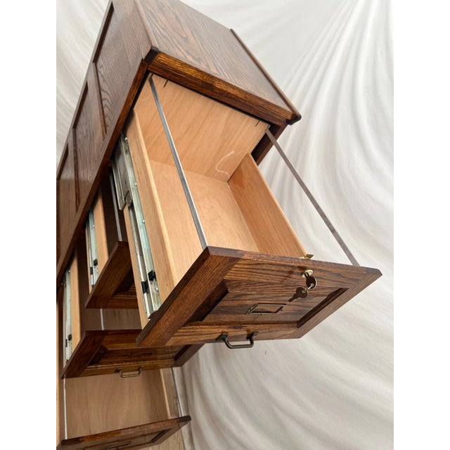Arts & Crafts Vintage Tiger Oak File Cabinet Four Drawers One Locks Paneled Sides Legal Size For Sale - Image 3 of 11