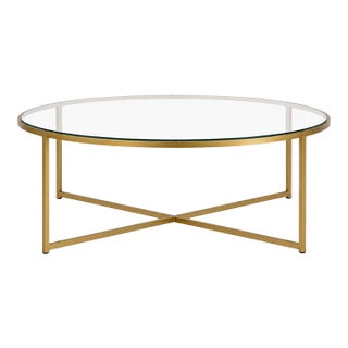 Vintage Sunlit Brass & Glass Round Coffee Table — Minimalist Geometric Frame For Sale