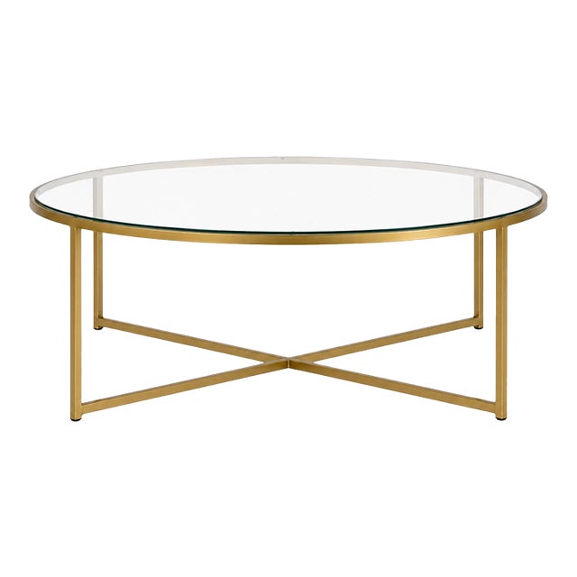 Vintage Sunlit Brass & Glass Round Coffee Table — Minimalist Geometric Frame For Sale