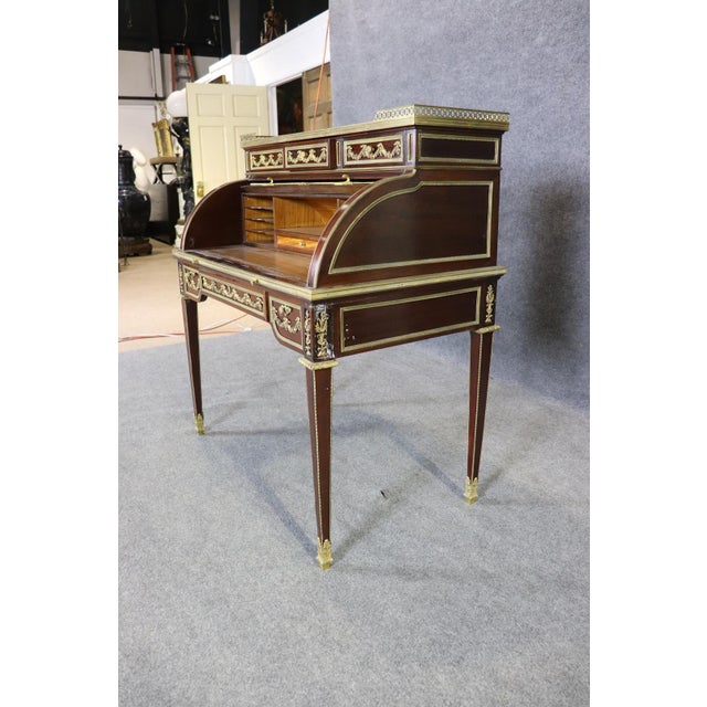 Wood Signed Gervais Durand Cylinder Roll Top French Louis XVI Desk c.1880 For Sale - Image 7 of 12