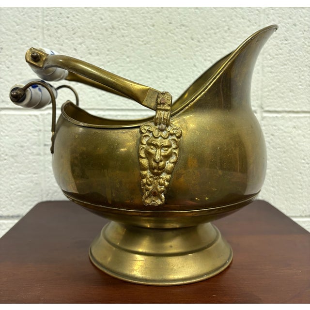 Vintage Brass Coal Scuttle With Lion Head Accents For Sale In Kansas City - Image 6 of 8