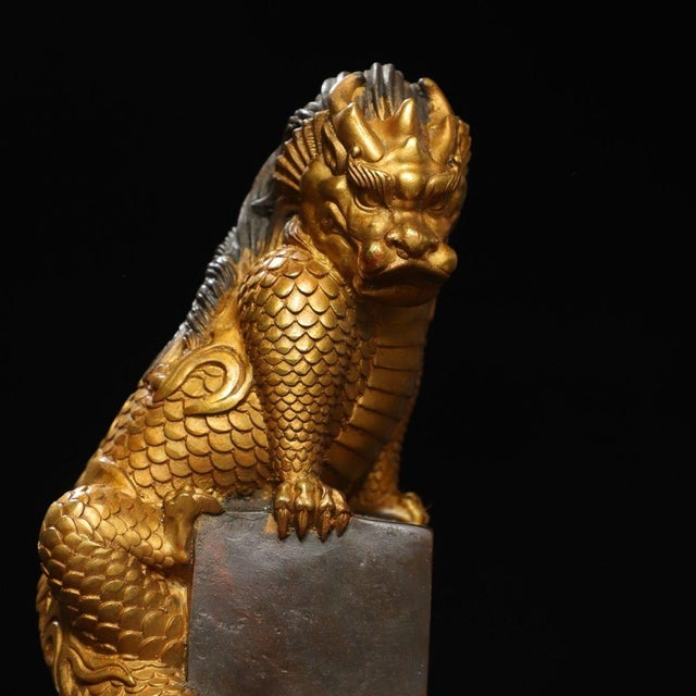 Late 19th Century Gilt Bronze Mythical Beast Statue on Pillar, 1.4kg For Sale In Los Angeles - Image 6 of 9