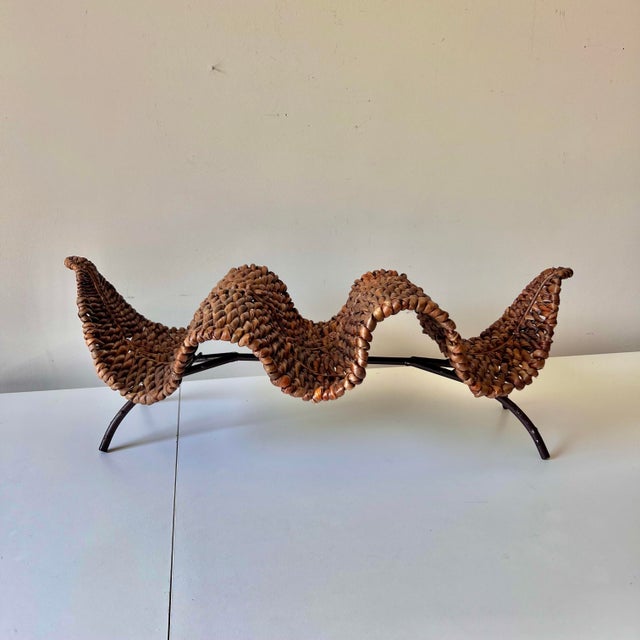 Late 20th Century Vintage Organic Modern Rattan and Iron Leaf Shaped Wine Bottle Rack For Sale - Image 5 of 12