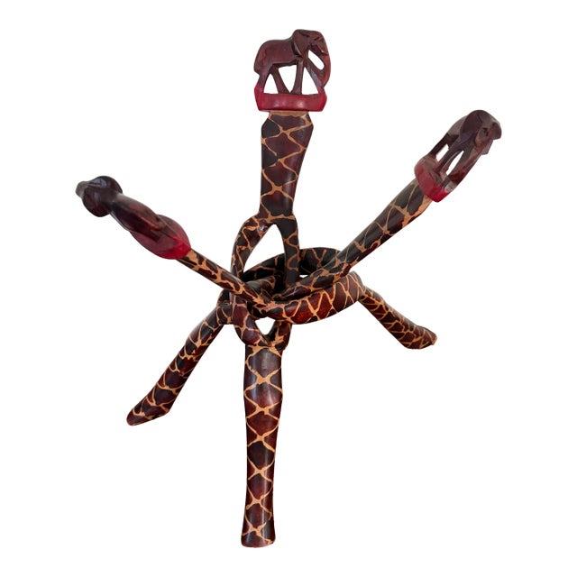 Vintage African Unity Sculpture Bowl Holder | Hand Carved Wooden Stand Elephant Tribal Art | Boho Global Dec For Sale