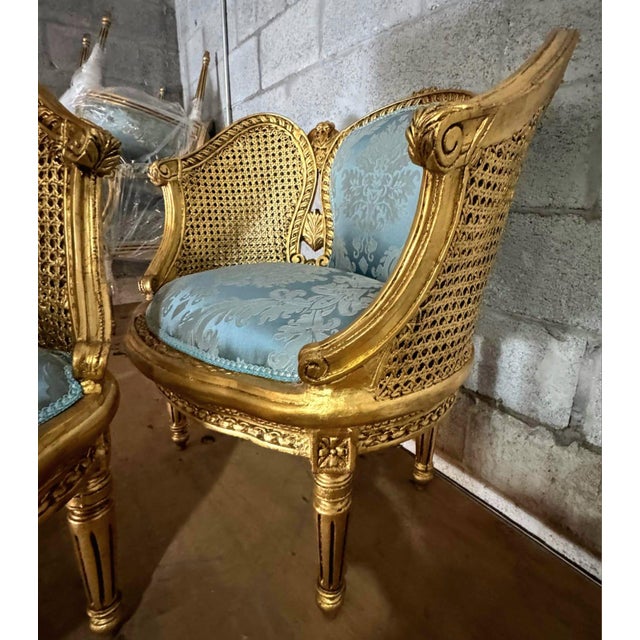 Gold Louis XV Style Bergere Wing Chair Set With Gold Leaf Details For Sale - Image 8 of 9