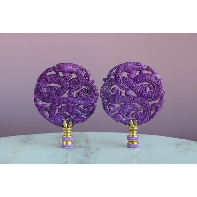 Chinoiserie Chinese Carved Stone Dragon Lamp Finials on Brass Hardware - A Matching Pair For Sale - Image 3 of 8