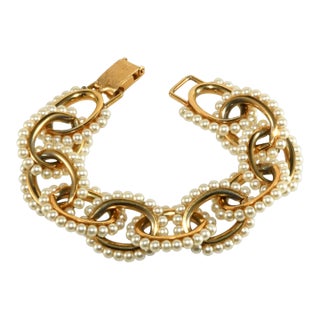 Vintage Napier Bracelet Faux Pearls Gold-Plated Chain Links For Sale