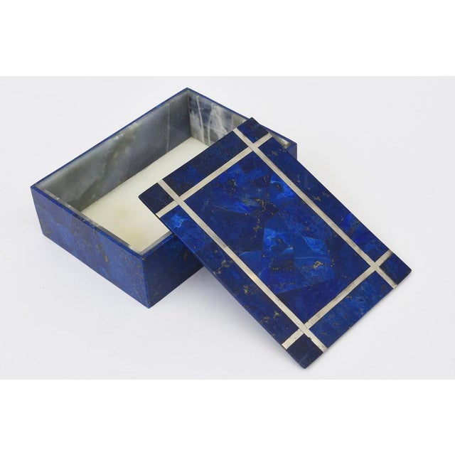 Gemstone Mid Century Modern Lapis Lazuli, Silver Inlay and Quartz Stone Box, 1950's For Sale - Image 7 of 13