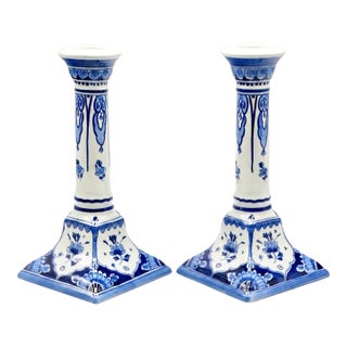 Dutch Delft Chinoiserie Candle Holders, a Pair For Sale