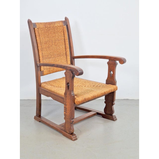 Brutalist Modern Dutch Brutalist Armchair in Rush and Oak, 1950s For Sale - Image 3 of 13
