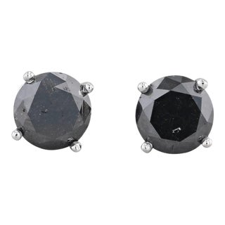 New 3.45ctw Black Diamond Stud Earrings 14k White Gold Round Solitaires - 2 Pieces For Sale