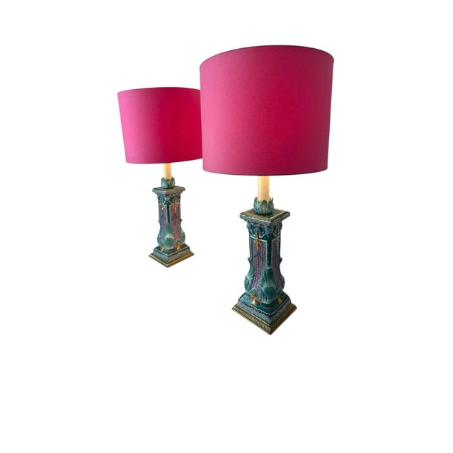 Pair of Vintage Ceramic Table Lamps Cabbage Leaf Motif Pink and Green Hollywood Regency Style For Sale - Image 11 of 12