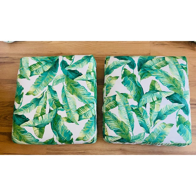 Two sets of custom made outside inside tropical banana leaves upholstered armchair cushions with pillows. Cushions-23” by...