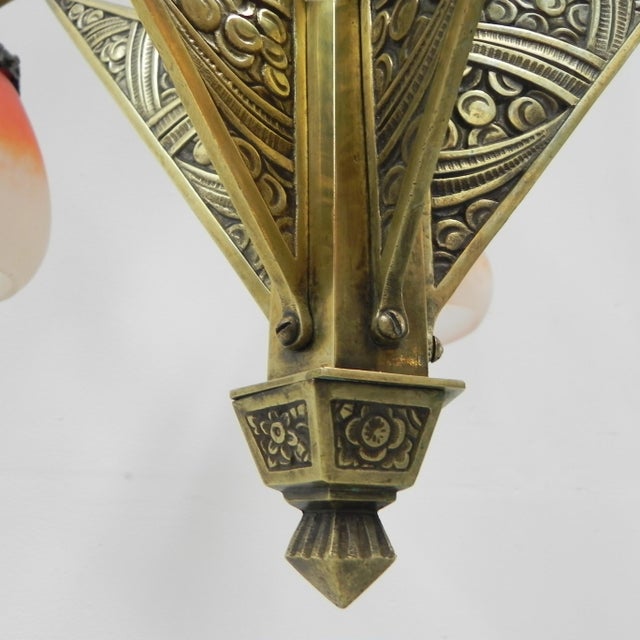 Gold Art Deco Brass Hanging Lamp with 5 Pates De Verre Shades, 1930s For Sale - Image 8 of 18
