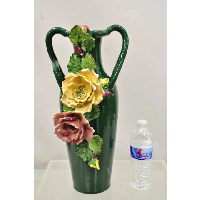 Vintage Victorian Green Porcelain Capodimonte 18" Vase w/ Pink & Yellow Flowers. Item features yellow and pink applied...