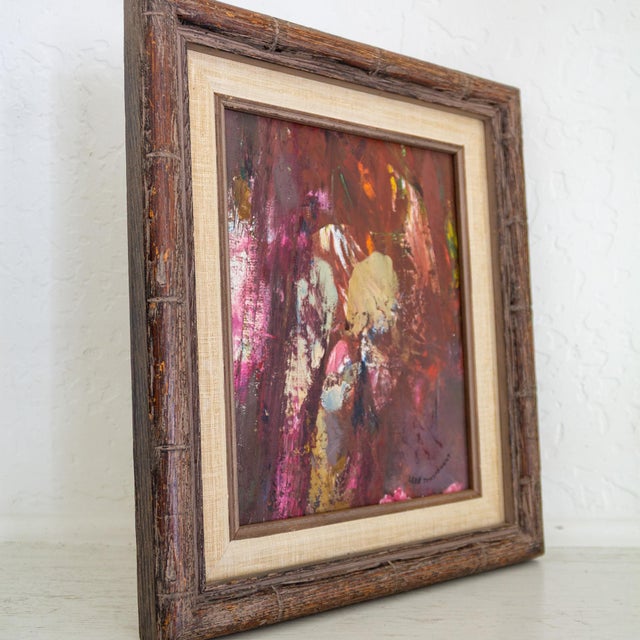 Ornamental & Decorative Materials Signed Purple Pink Mauve Abstract Polychrome Painting in Faux Bamboo Frame For Sale - Image 7 of 10