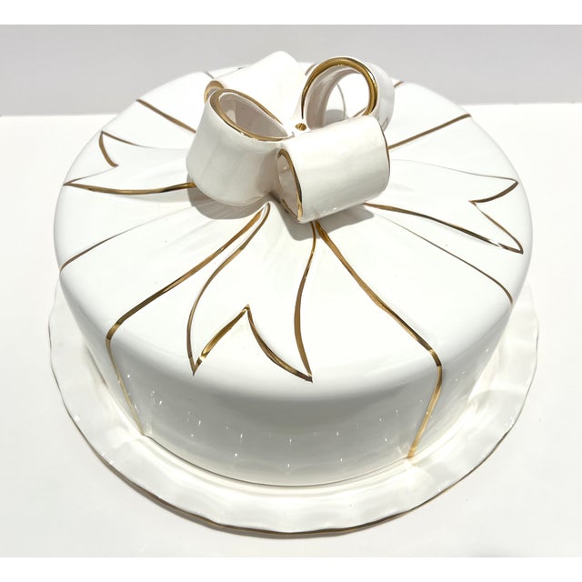 Vintage Portuguese Ceramic Cake Dome & Plate – Gift Box Bow Lid – White W/ Gold Trim For Sale - Image 11 of 11
