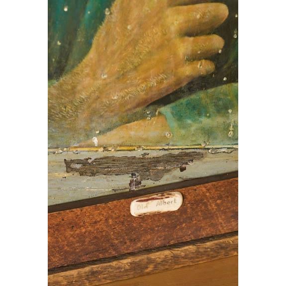 Textile 1980s Signed Oil on Canvas of 'Old Albert' With Coors Beer Sign (D. 1983) | in Handmade Oak Frame For Sale - Image 7 of 11