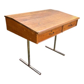 1960s Vintage 2-Drawer Oak Drafting Desk With Chrome Legs For Sale