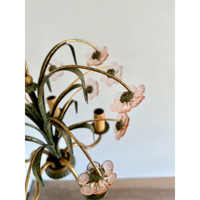 Italian Pink Glass Floral Chandelier with Gilt Tole Leaves from Banci Firenze, 1970s For Sale - Image 11 of 16