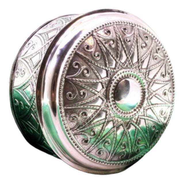 Circular Silver Tea Box with Pearly Reliefs and Monogram Card For Sale