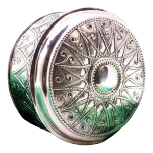 Circular Silver Tea Box with Pearly Reliefs and Monogram Card