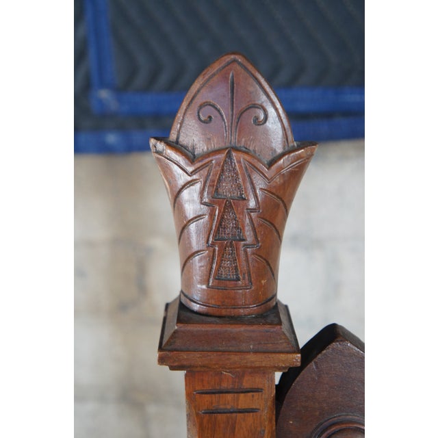 Mid 20th Century 2 Victorian Gothic Revival Walnut Carved Throne Chairs Tufted Red Velour Pair For Sale - Image 11 of 12