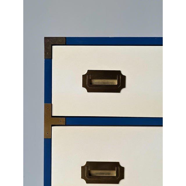 Wood Blue & White Lacquered Campaign Chest of Drawers With Brass Hardware, 1970s For Sale - Image 7 of 17