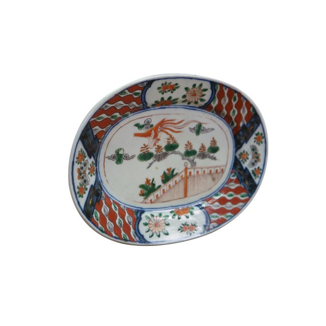 Antique Japanese famille verte porcelain footed oval serving plate / platter featuring an Imperial Phoenix / Crane bird...