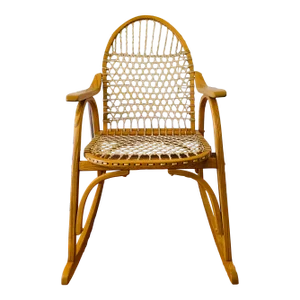 1970s Vintage Snowshoe Oak Rocking Chair With Rawhide Lacing by Vermont Tubbs