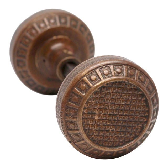 Pair of Antique Field Pattern Bronze Trenton Entry Door Knobs For Sale