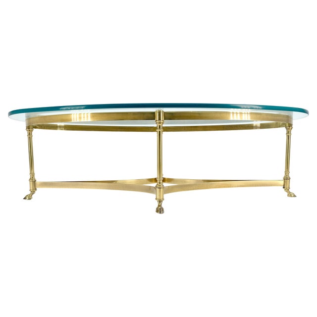 Oval 3/4" Glass top Brass Hoof Feet Coffee Center Table MINT