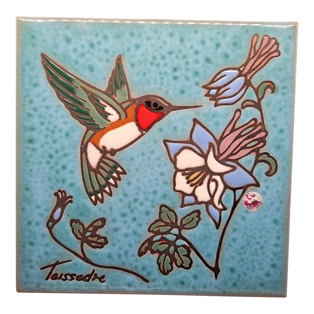 Vintage Cleo Teissedre Original Design Ceramic Tile Trivet Coaster Wall Decor Artist Signed Hummingbird For Sale
